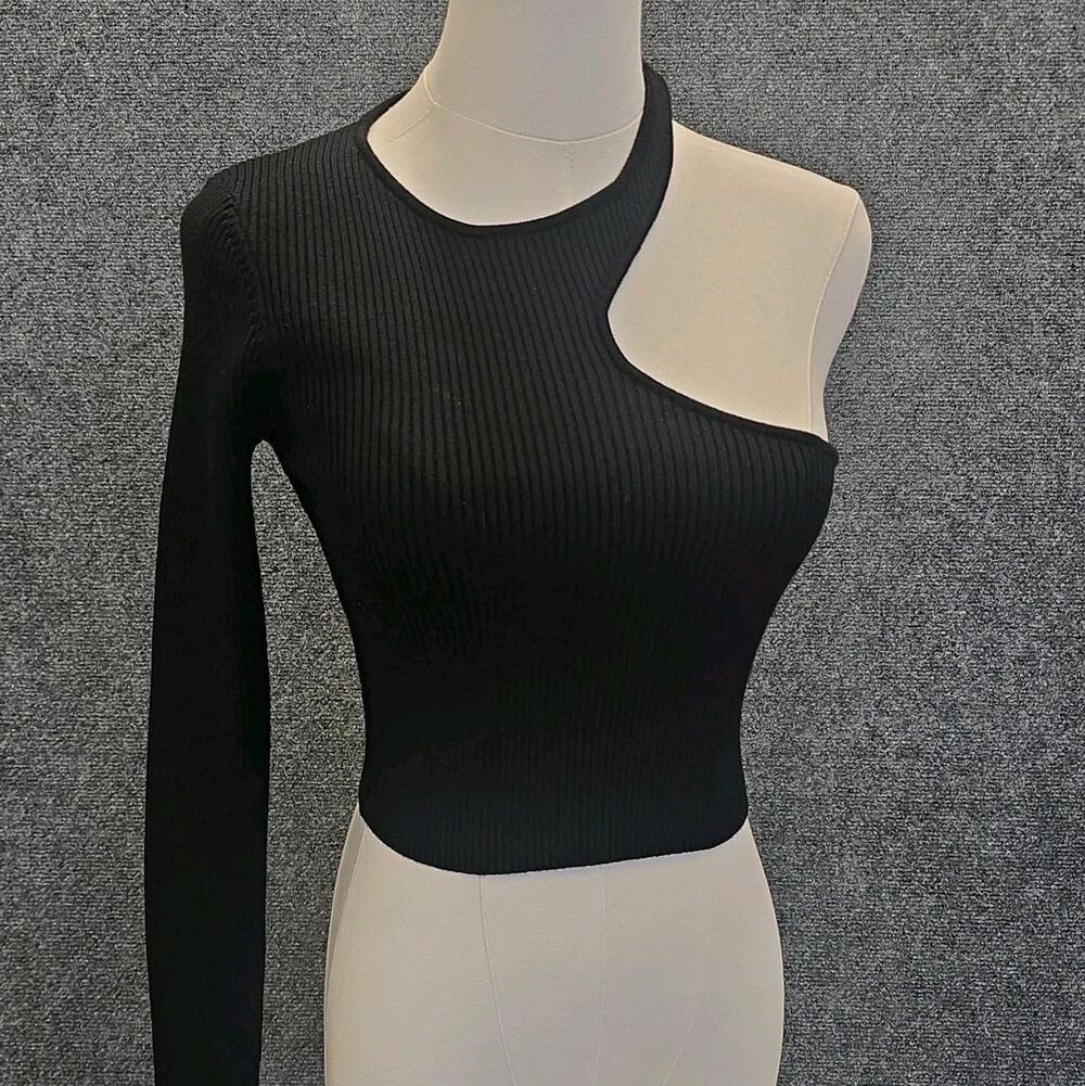 Alp N Rock ANR+ Asymmetric Cut Out Ribbed Knit Sweater Crop Top Black Small